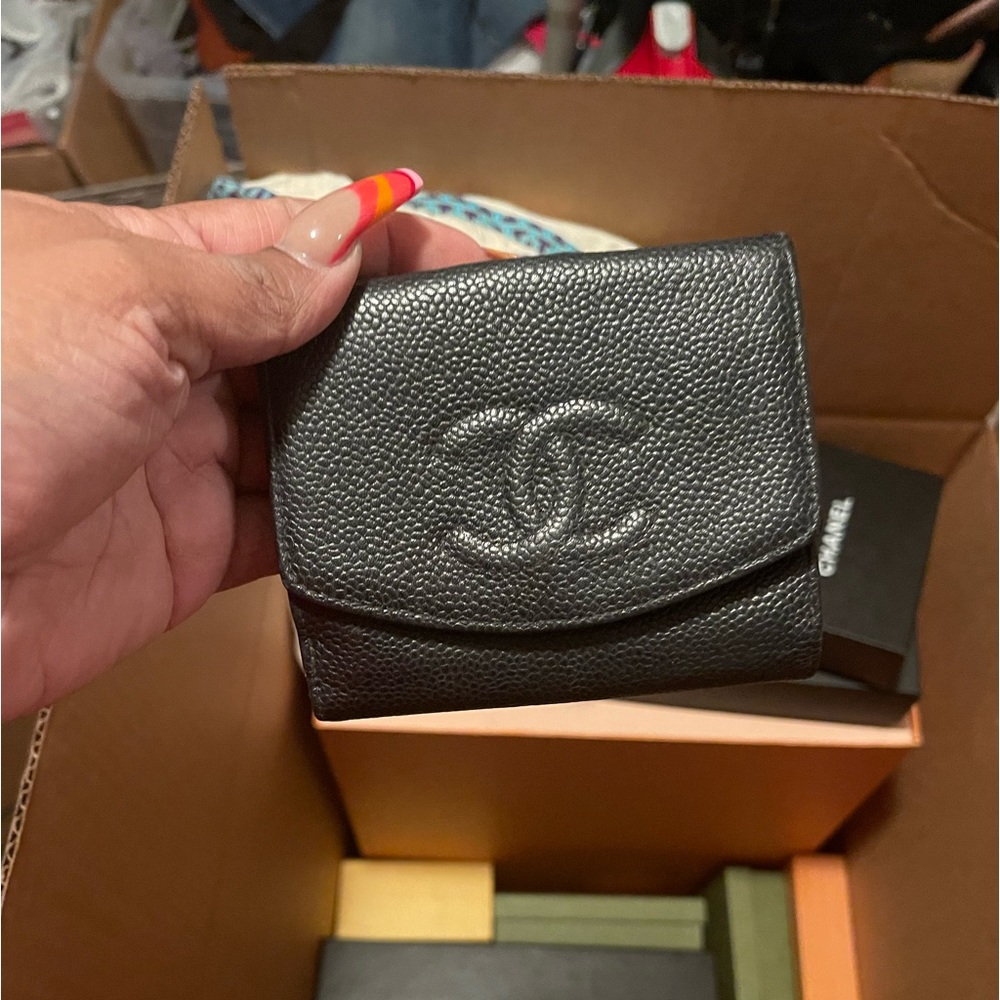 Chanel Wallet Coco Mark Black Gold Caviar Skin Folded Ladies